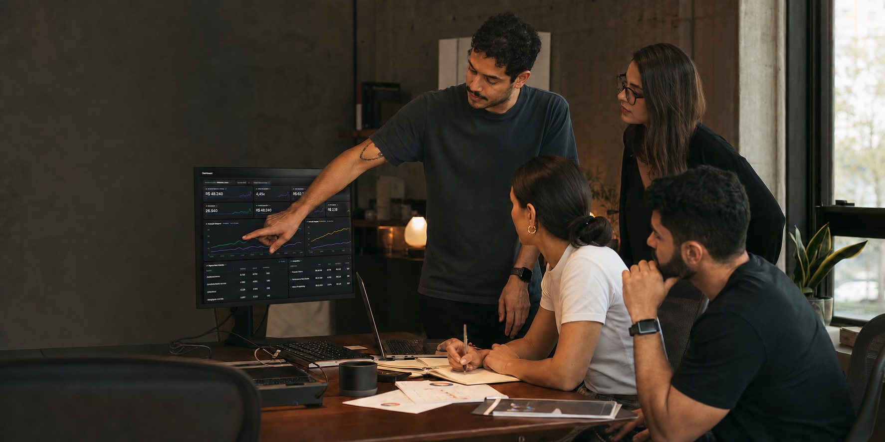 Equipe analisando o Dashboard LabAds em conjunto